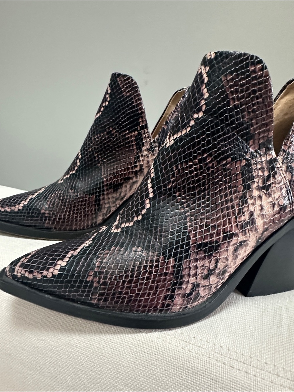 Vince Camuto Black and Blush Snake-Print Pointed Ankle Boots